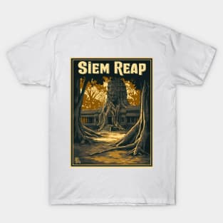 Experience the allure of Siem Reap, highlighting its majestic ancient temples embraced by nature. The scene captures historical architecture T-Shirt